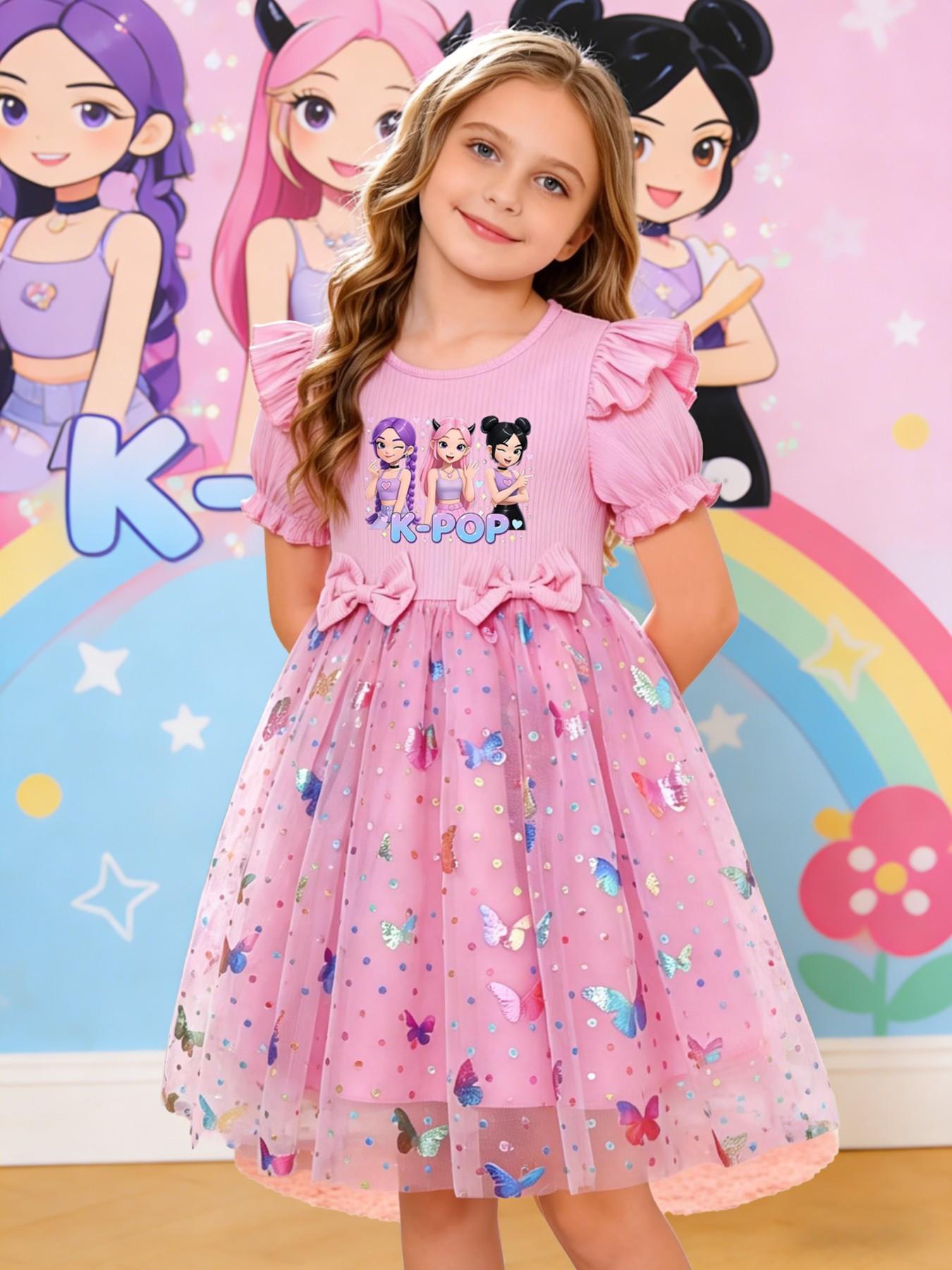 Girls' Elegant Princess Dress, Cartoon Butterfly Print, Slim-Fitting Summer Gown, Perfect for Easter, Valentine's Day, Parties, Gifts, Birthdays