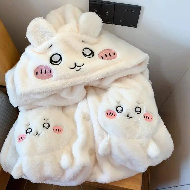 Japanese Chiikawa Coral Velvet Pajamas Hachiware Usagi Kawaii Long Warm Plus Velvet Thickened Hooded Pajamas Women's Homewear
