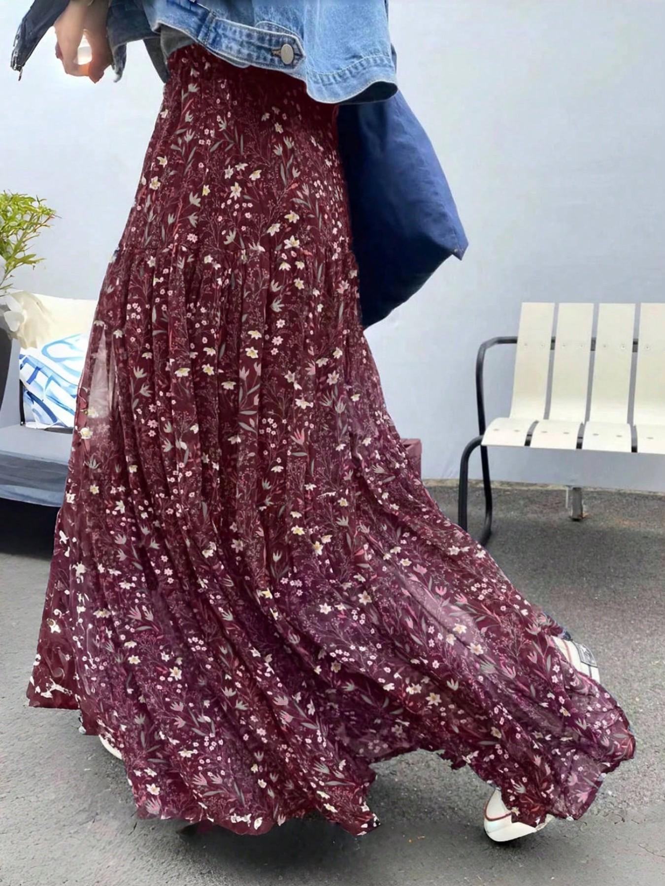 Women's Deep Blue Ditsy Floral Midi Casual Boho Skirt, High Waist A-Line Design, Casual Loose Fit, Long Knee-Length, Fashionable Summer Dress