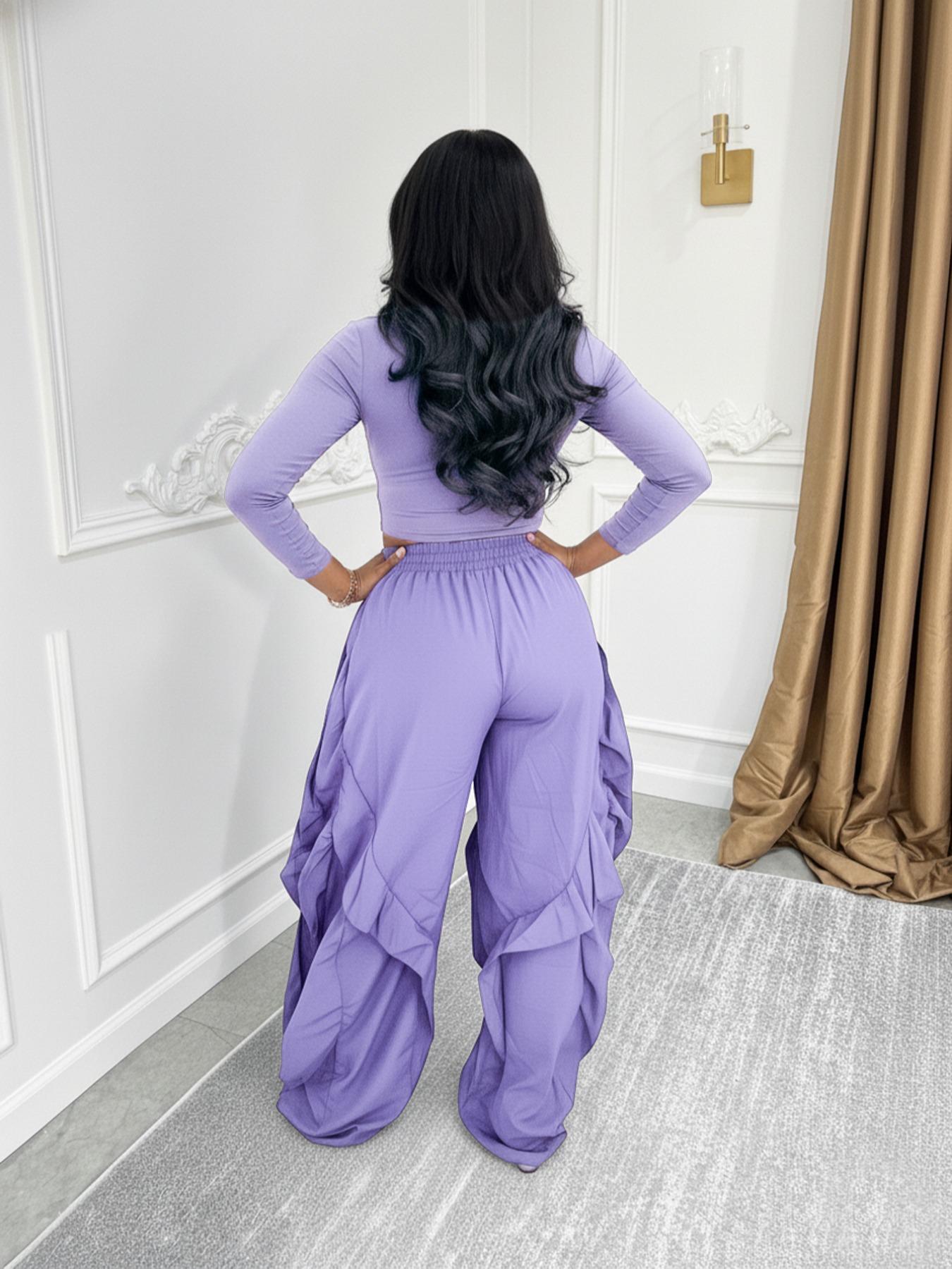 Women's Slim-Fitting Top & Wide-Leg Pants Set, Ladies' Unique Casual Chic Commuter Ensemble, Spring and Fall