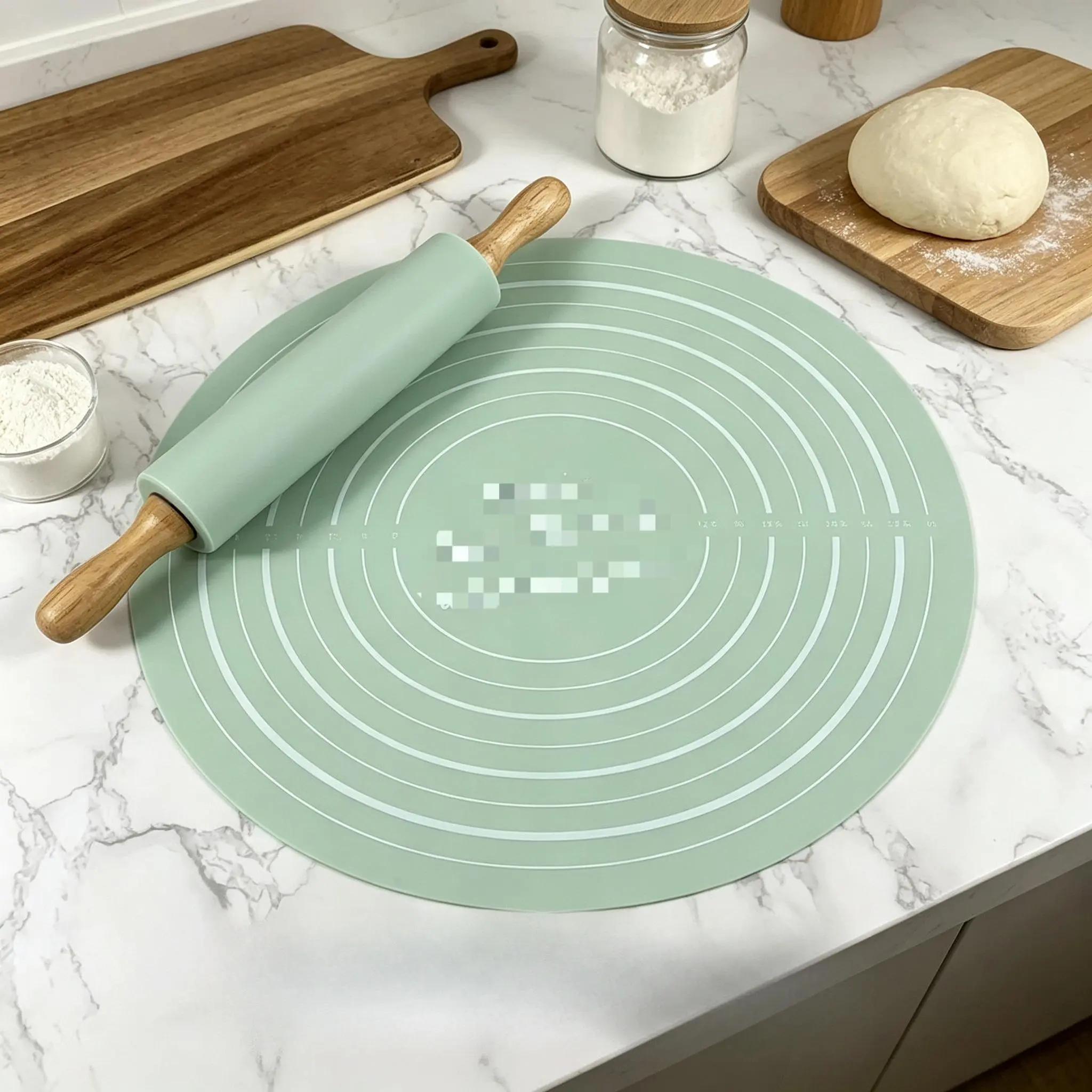 Reusable Wood Silicone Pastry Mat & Rolling Pin Set - 2-Piece Circular Mat Kitchen Baking Tools, 1-Size Round Home Potholder Style Bakeware for Cake & Dough Making