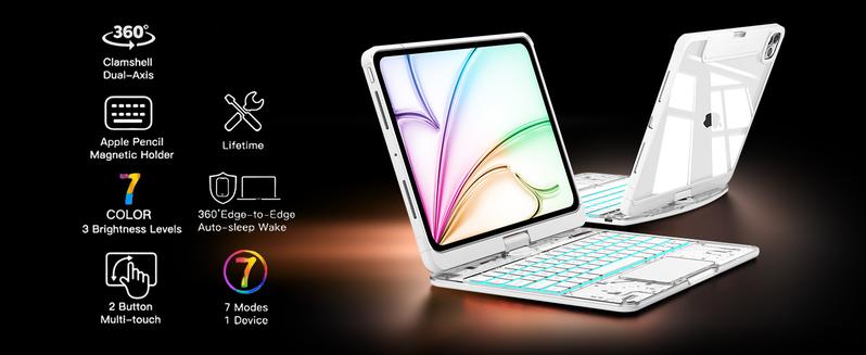 Transparent White Touch 360°Rotatable Keyboard Case for iPad ,High-strength acrylic, impact-resistant,Backlight &Pencil Holder, 7 Color Backlight Keyboard Case only for iPad