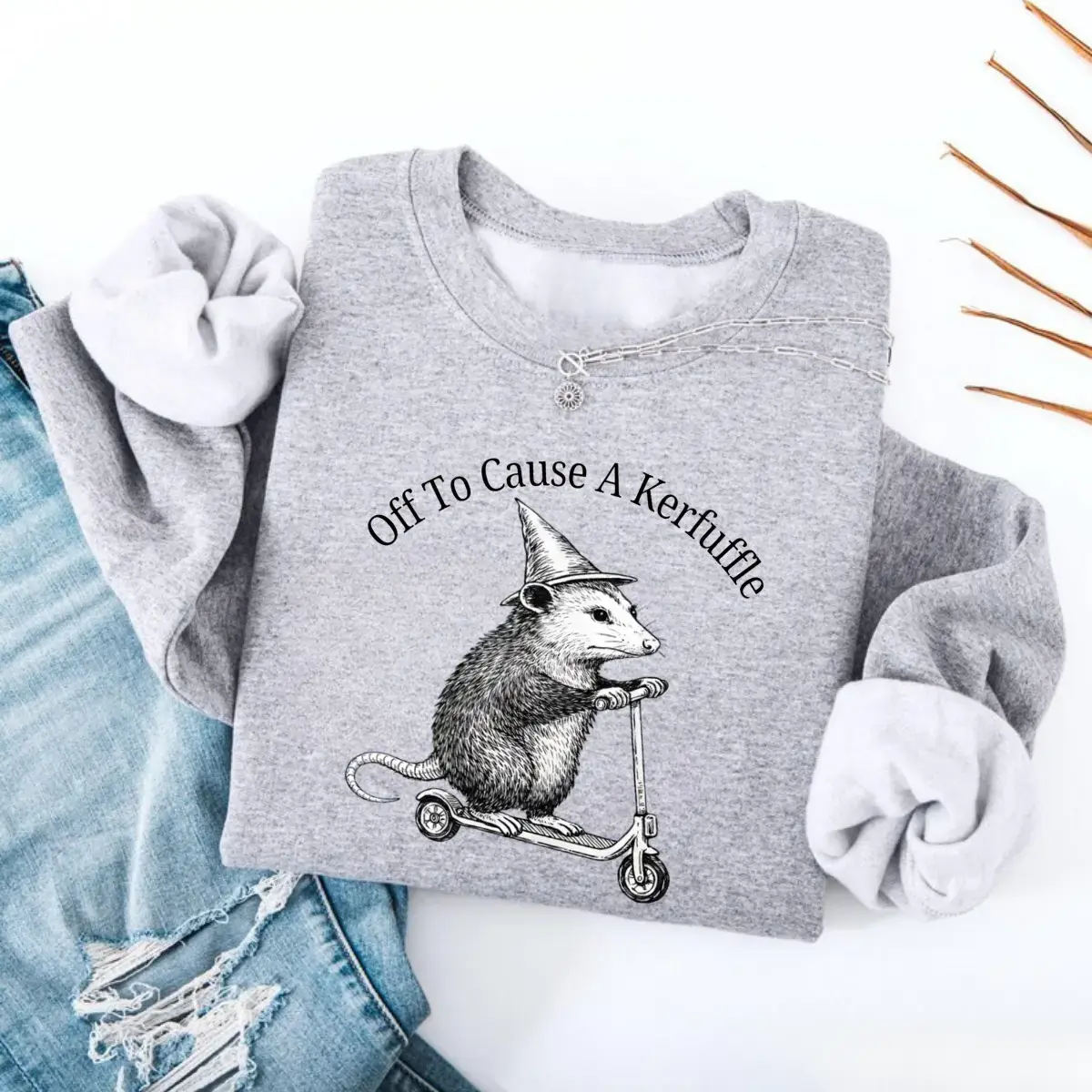 Off To Cause A Kerfuffle Sweatshirt, Funny Opossum Scooter Sweater, Mental Health Tee, Sarcastic Humor Shirt, Animal Lover Gift