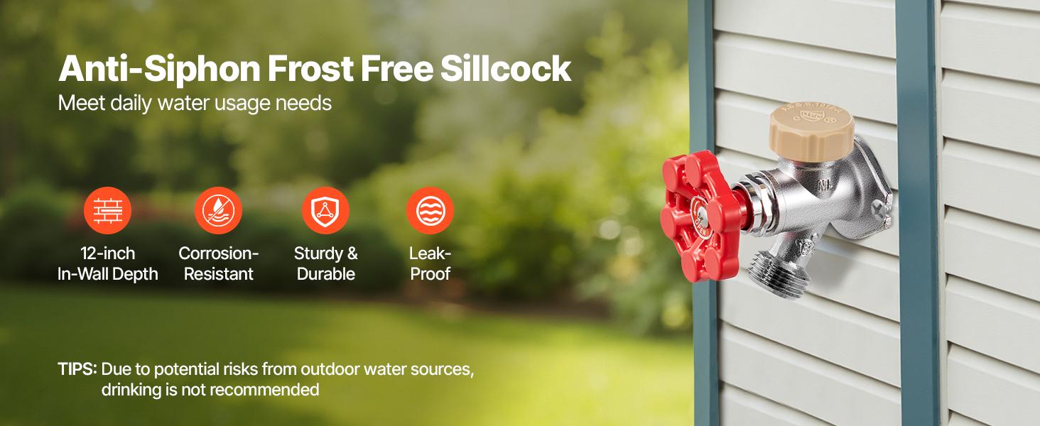 VEVOR Anti-Siphon Frost-Proof Sillcock, 12 Freeze Proof Outdoor Faucet Bib with Backflow Preventer, 1/2 Push-to-Fit Connector X 3/4 Hose Bibb, No Lead Frost-free Spigot for PEX Copper CPVC Pipes