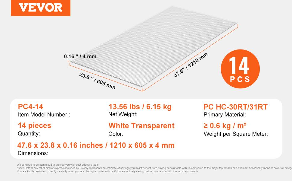 VEVOR 14 Pack Polycarbonate Greenhouse Panels, 2' X 4' X 0.16'' Roof Panels Sheets, Waterproof UV Protected Corrugated Plastic Roofing, Impact Resistance Clear Roofing Sheets for Greenhouse/Garden