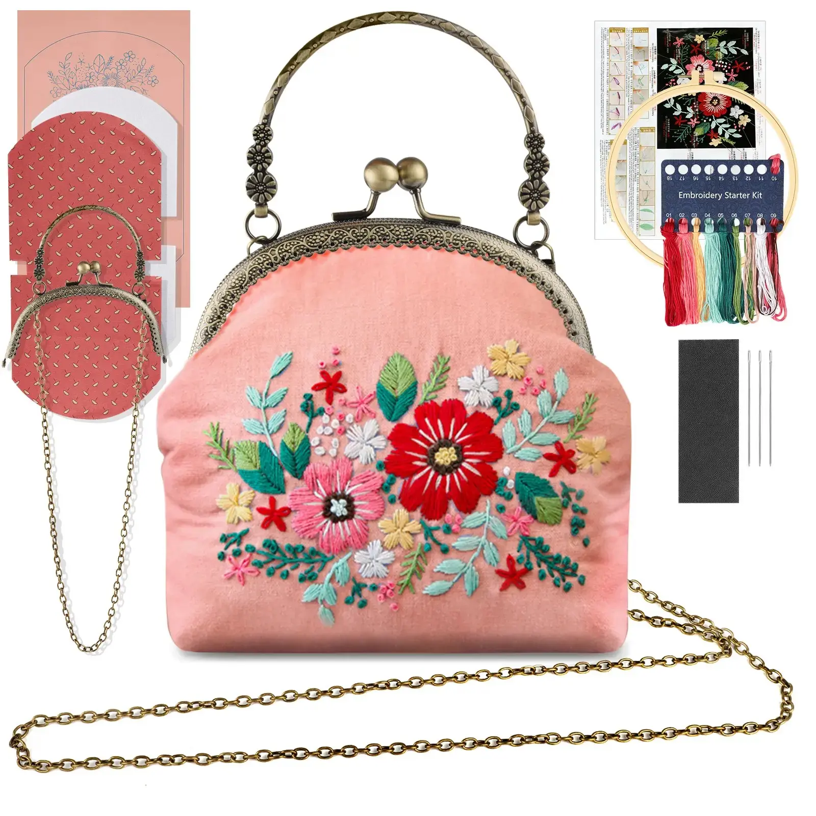 DIY Flower Embroidery Kit Tote Bag - Vintage Clasp Lock Bag Making Kit with Thread, Frame, Fabric, Base & Chain,DIY Hand Sewing Kit for Adults Beginner, cross stitch