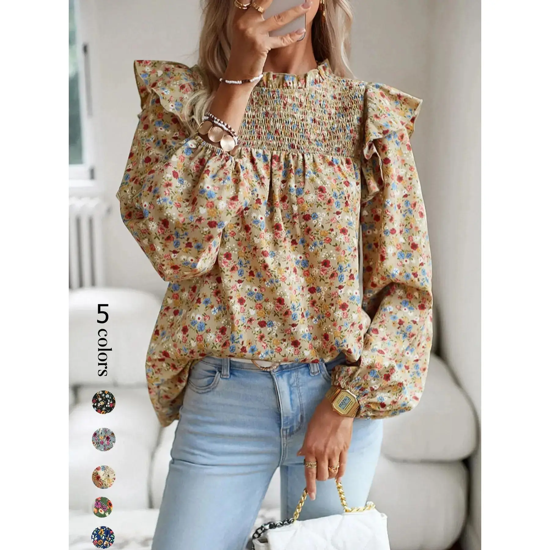 TCIFE Women's Gorgeous Ditsy Floral Print Polyester Fabric Blouse - Smocked Mock Neck, Ruffle Balloon Long Sleeves, Breathable Comfortable Elastic Everyday Bohemian Casual Shirt