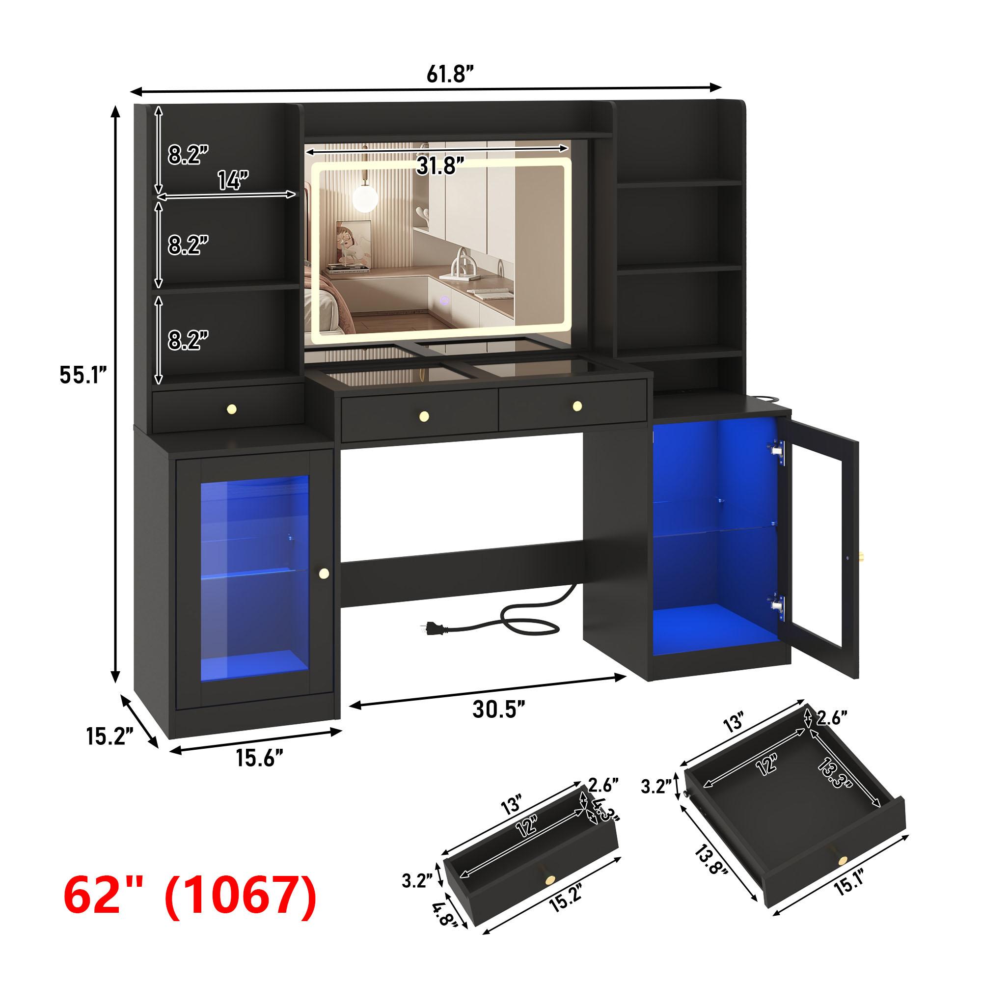 62" Large Vanity Desk w/ Tempered Glass Top,60000-color LED Lights,Power Outlet, Make up Vanity w/ 3 Lights Mode LED Mirror,2 RGB Cabinet LED Vanity Table for Women,Girls (White/Black)