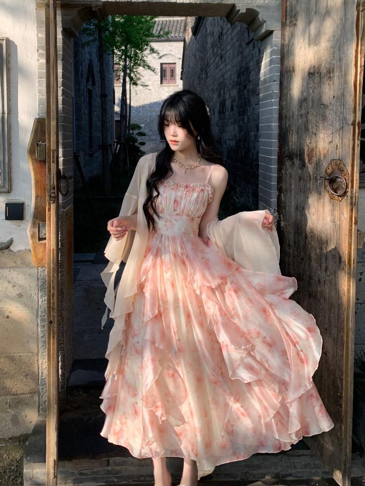 2 Piece Dress Sets Women Elegant Chiffon Summer Casual Slim Strap Dress + Fairy Cardigan Fashion Chic Vintage Suit Even Party