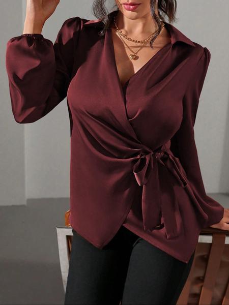 Women's Solid Color Satin Long Sleeve Shirt Blouse with Side Tie and Bubble Sleeves, Stylish and Versatile Top for All Occasions