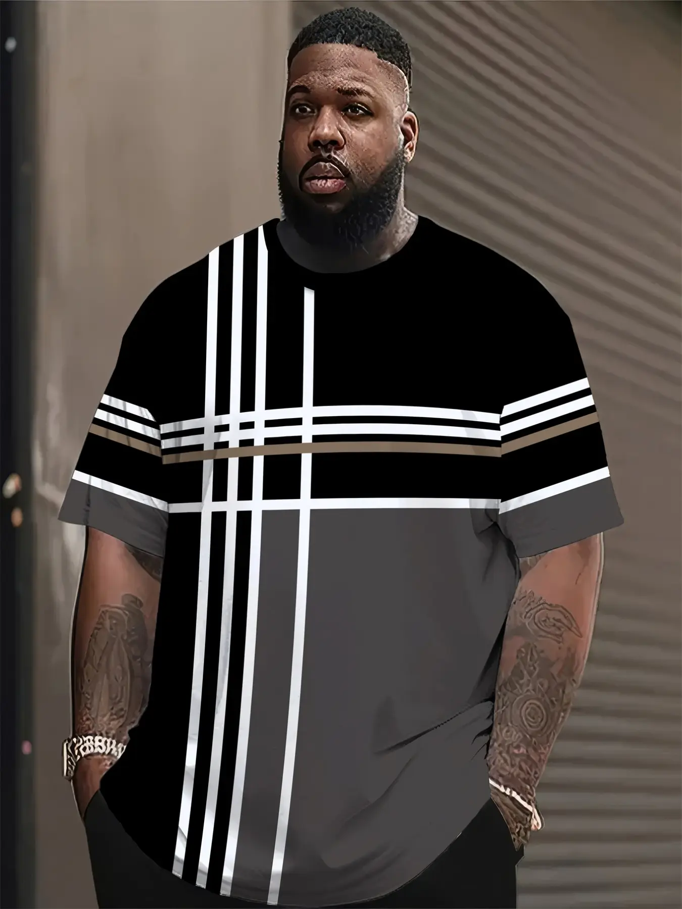 Men's Plus Size Casual T-Shirt, Geometric Pattern Short Sleeve Top, Summer Daily Wear, Loose-Fitting Long T-Shirt