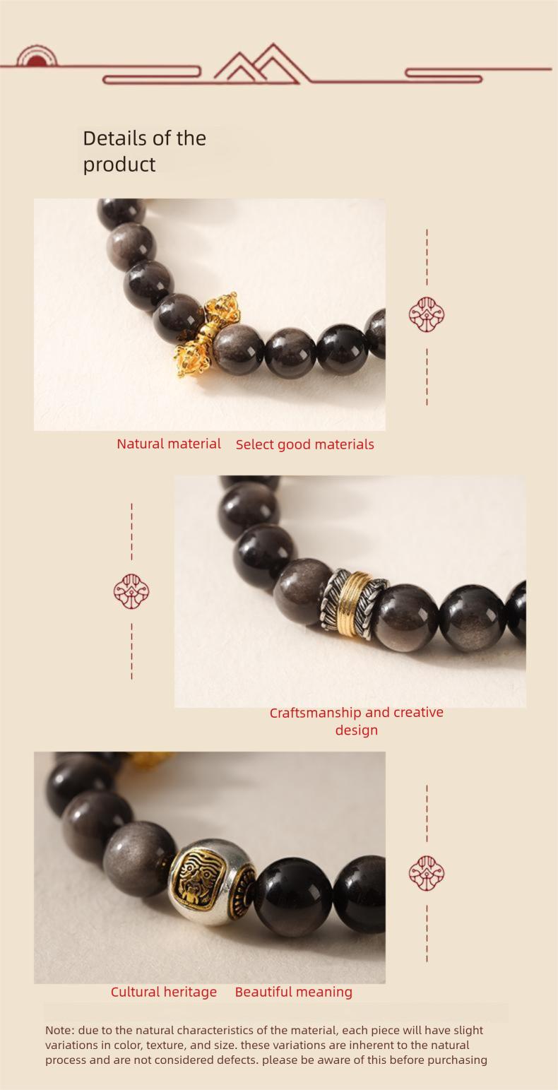[Wealth Blessing] crystal bracelet, silver obsidian Tibetan silver sand gold, unisex, daily wear gift, 10mm beads natural stone, wealth blessing symbol