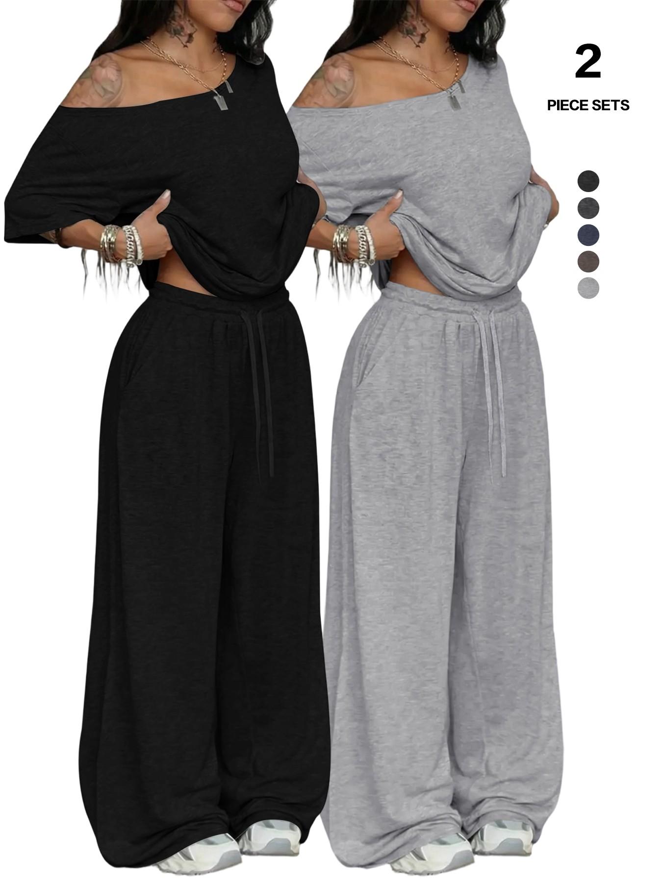 Women's 2-Piece Lounge Set, Off-Shoulder Oversized Top & Wide-Leg Pants, Soft Comfortable Drawstring Loungewear for All Seasons