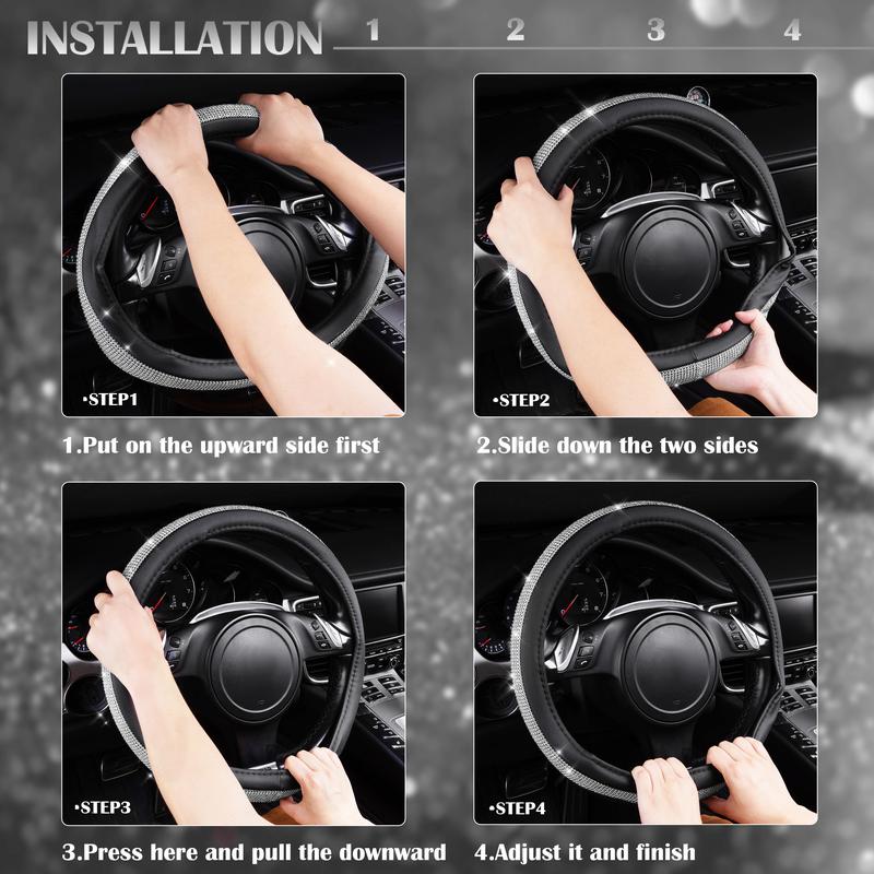 CAR PASS Bling Diamond Leather Steering Wheel Cover,with Sparkly Crystal Glitter Rhinestones Universal Fit 14" 1/2-15"Women Girl Fit Suvs,Vans,Sedans