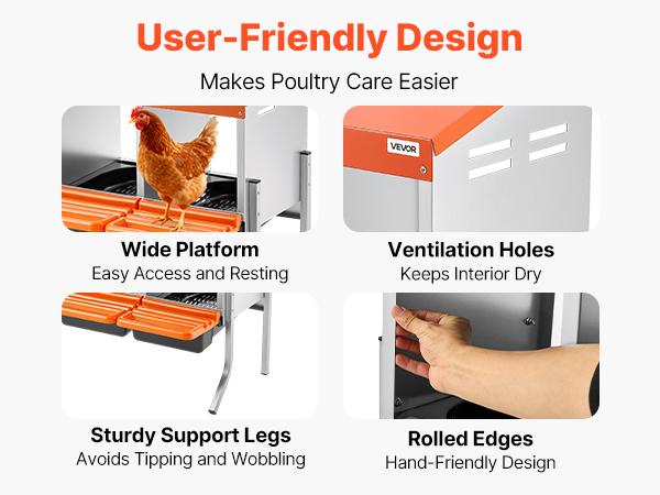 VEVOR Chicken Nesting Boxes, 3 Compartments, with Support Legs, Easy Egg Collection, Galvanized Steel and High-Strength Plastic, Roll Away Nesting Boxes for Chickens and Hens Laying Eggs, Orange