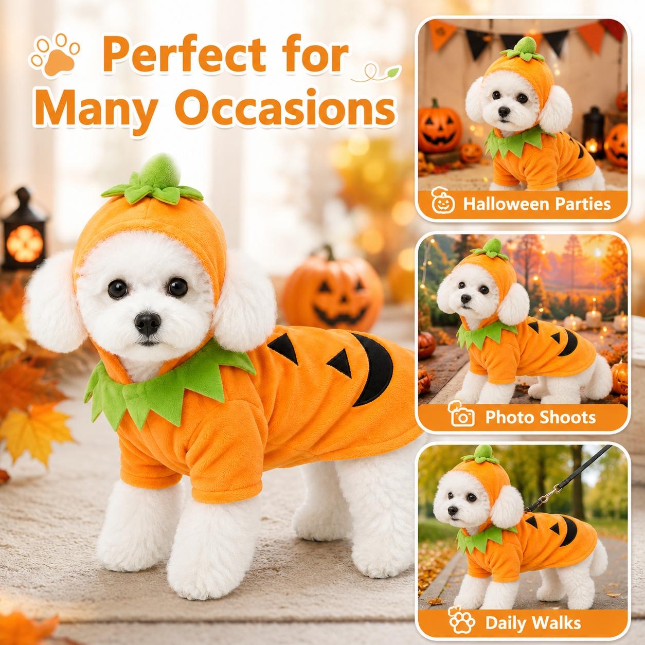 Cute Halloween Pet Pumpkin Costume, Animal Costume, Warm Fall Winter Coat for Dogs Cats, Hooded Cape, Soft Plush, Easy on Off, Festive Photo Prop