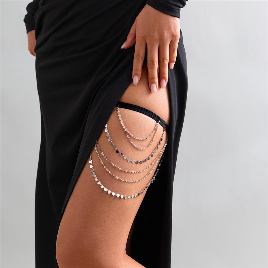 Boho Sexy Elastic Band Bandage Leg Thigh Chain for Women Bikini Summer Heart Tassel Pendant Multilayer Garter Belt Body Jewelry