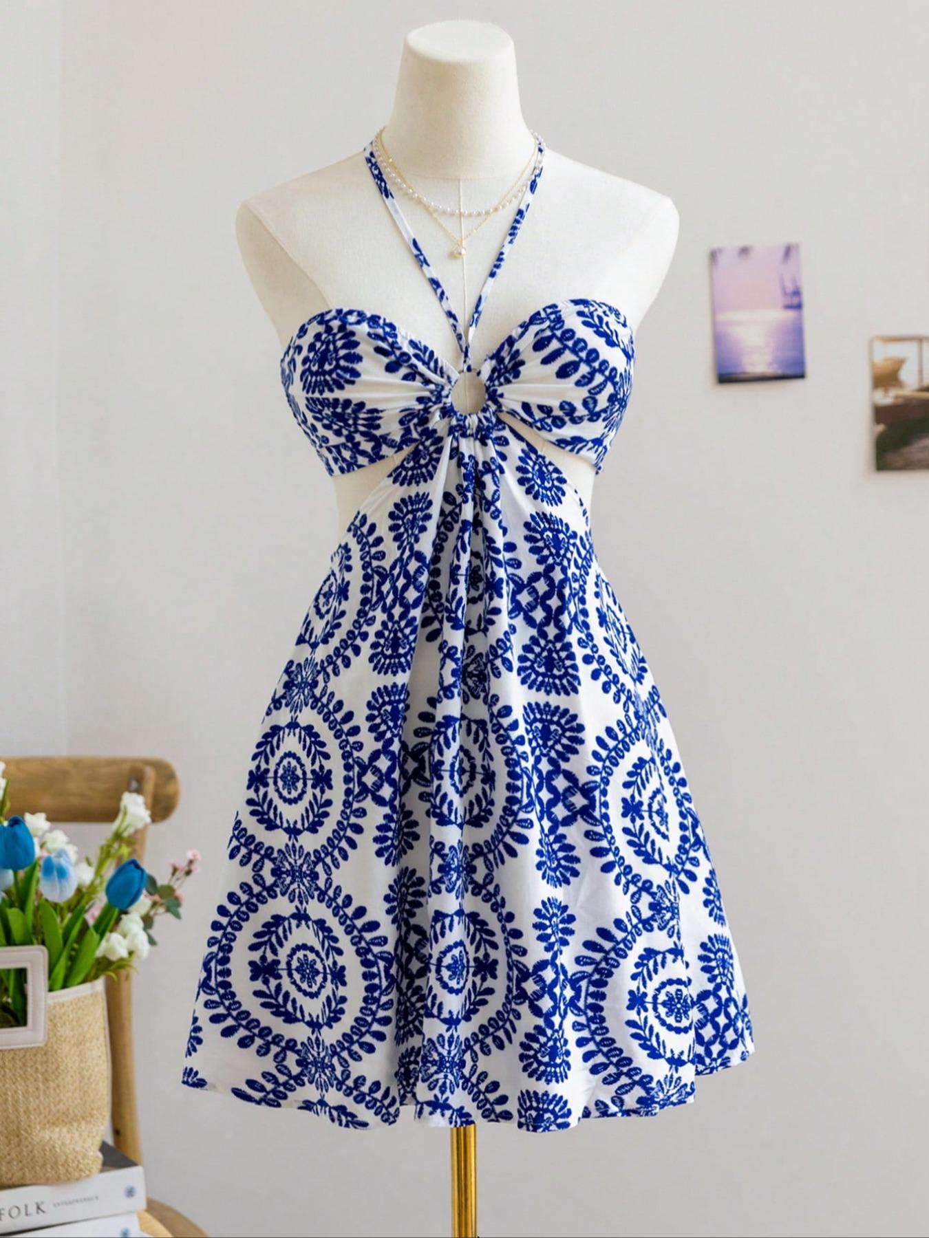 Women's Boho Vacation printed pattern Sexy Halter Drawstring Hollow Waist Dress, Suitable For Beach, Music Festival, Hippie, Party, Date, Afternoon Tea