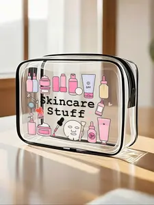Skincare-Themed Letter Print PVC Toiletry Bag, Travel Organizer with Zipper Closure, Lightweight Waterproof Travel Cosmetic Bag for School and Holidays