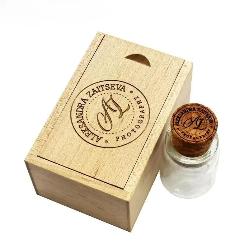 Free Custom Logo Glass Bottle USB + BOX Flash Drive Pendrive 64GB 32GB 16GB 4GB Memory Stick Photography Wedding Gifts