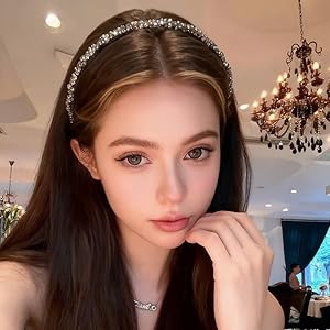 4 Pcs Braided Headbands with Teeth for Women, Handmade Crystal Flower Comb Hairbands, Sparkly Twisted Non-Slip Hard Head Bands, Elegant Silver Black Hair Accessories