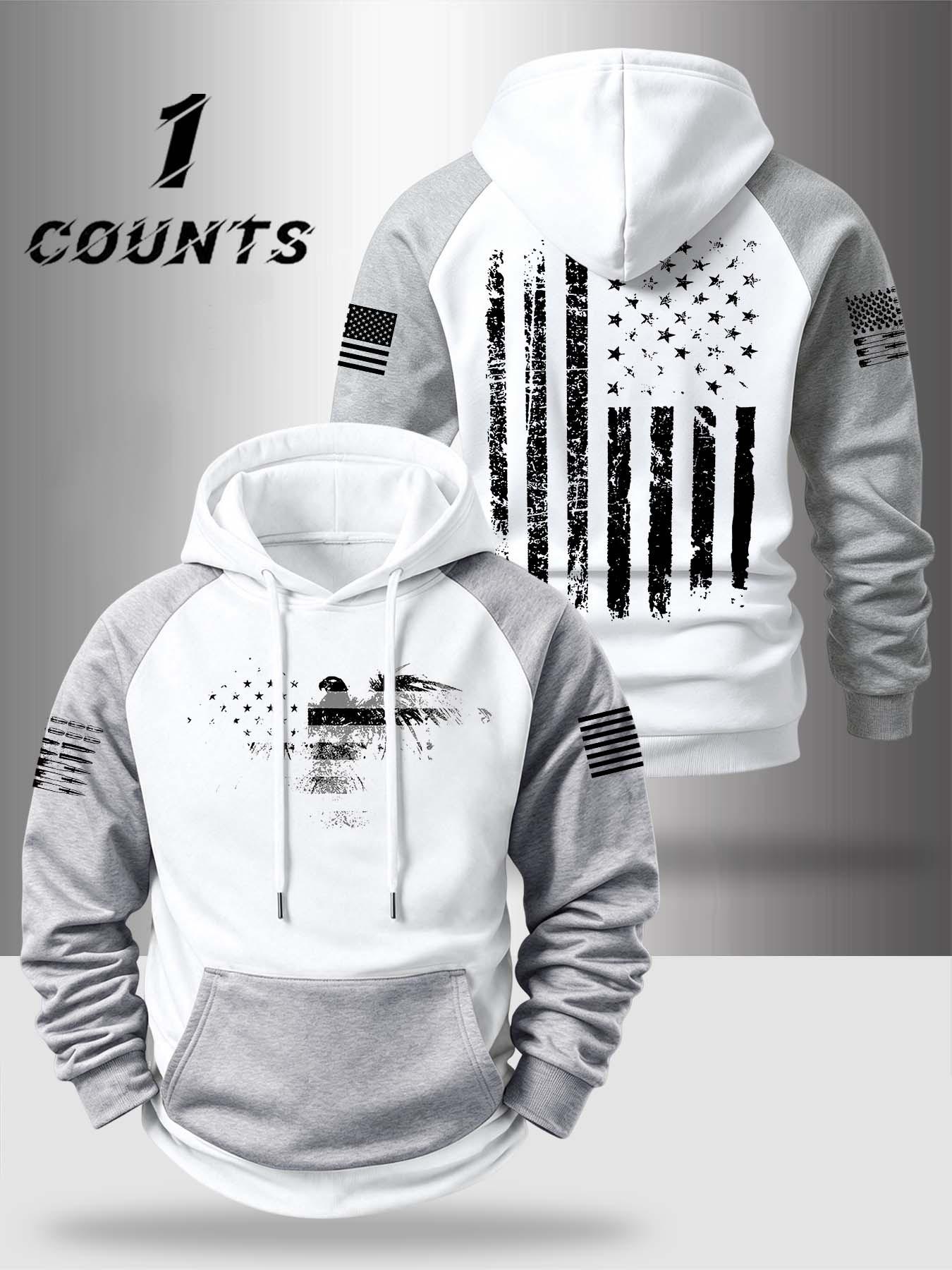 Autumn Winter Design Zipper Thickened Long Sleeve Hoodie, Pocket Portable Fashion Patchwork Colorblock Vintage Eagle Flag Pattern Comfortable Casual Streetwear Sweatshirt