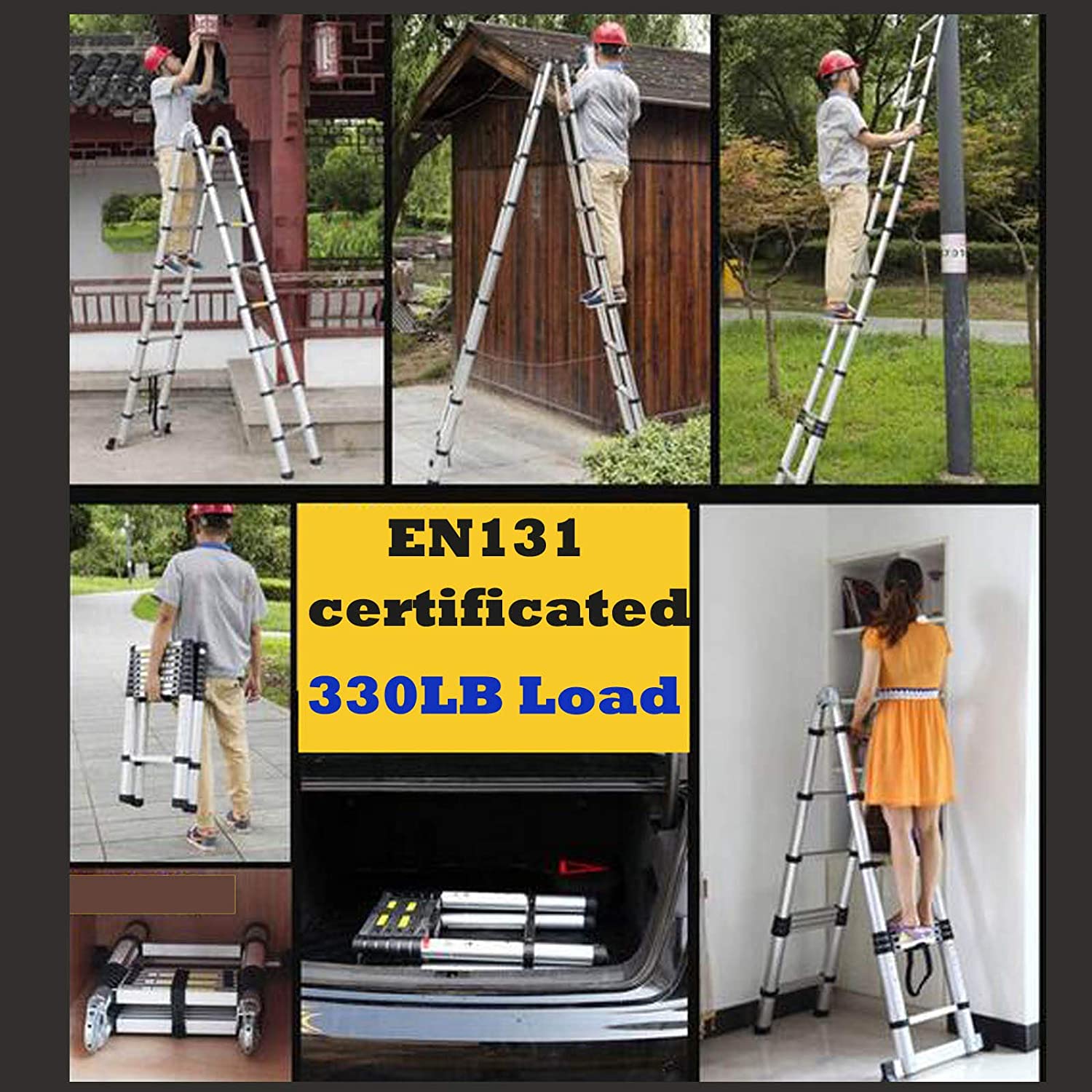 Telescoping Ladder Aluminum A-frame Extension Ladder, Folding Ladder with Stabilizer Bar and Anti-Slip Feet, 330lbs Max Load Capacity, for Home, Office ( 6.2+6.2FT / 8.2+8.2FT )