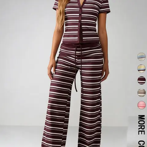 Women's Colorblock Striped Lounge Set, Short Sleeve Button Front Henley Top, Drawstring Waist Wide Leg Pants, High Stretch Soft Knit Fabric, Daily Home Wear Sleepwear Pajama Casual Vacation Wear, Casual Comfort Minimalist Style