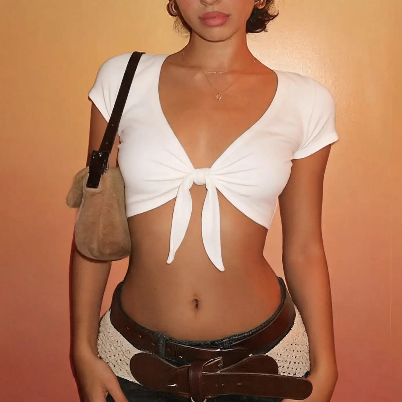 Y2K Tie Front Crop Tank Top for Women, Sexy Deep V Neck Short Sleeve Open Front Fitted Going-Out Basic Top