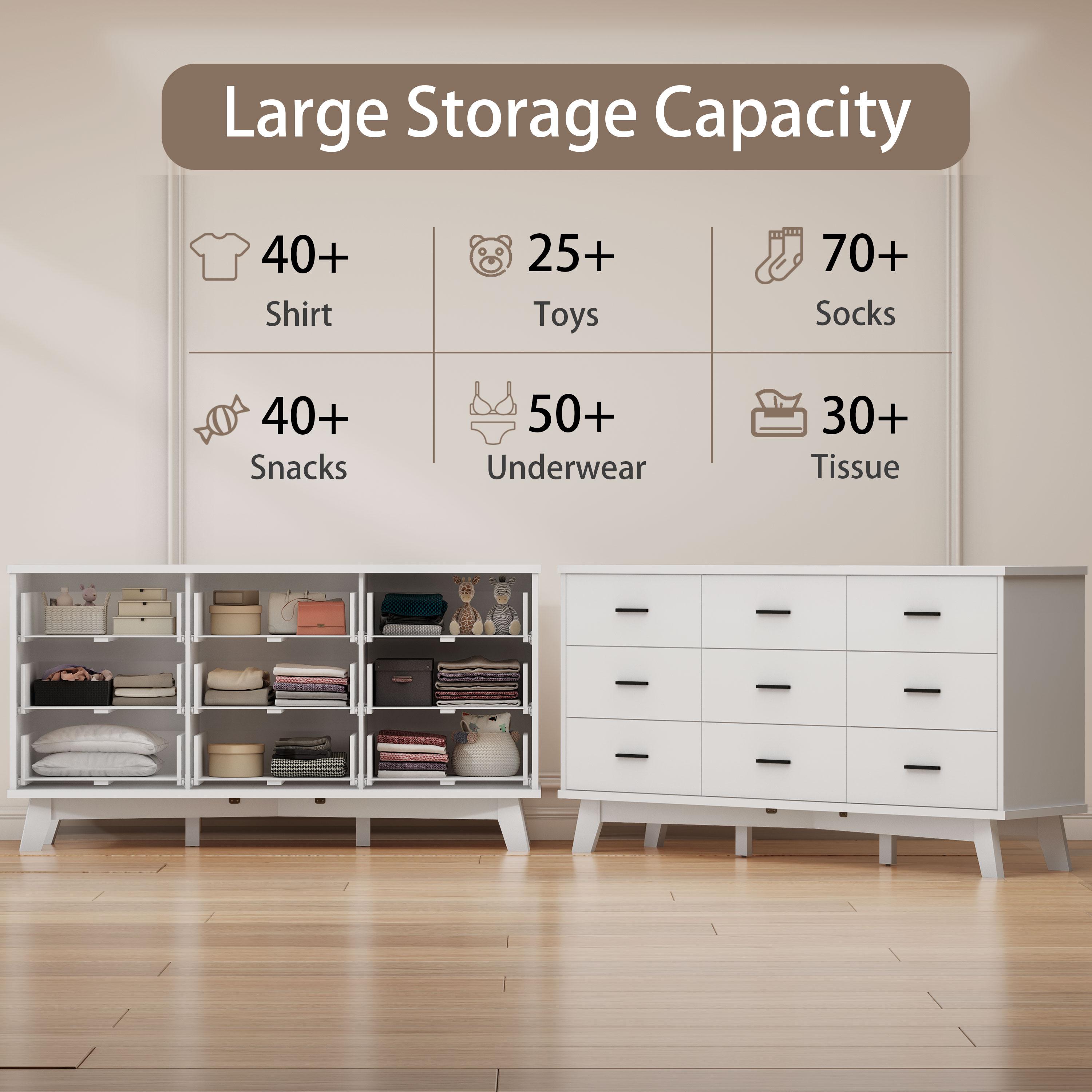 Dresser for Bedroom, 9 Drawer Wide Modern Chest of Drawers with X-Shaped Sturdy Base, Wood Double Dresser Closet Clothes Storage Organizer, Wooden TV Stand for Living Room, Hallway, White