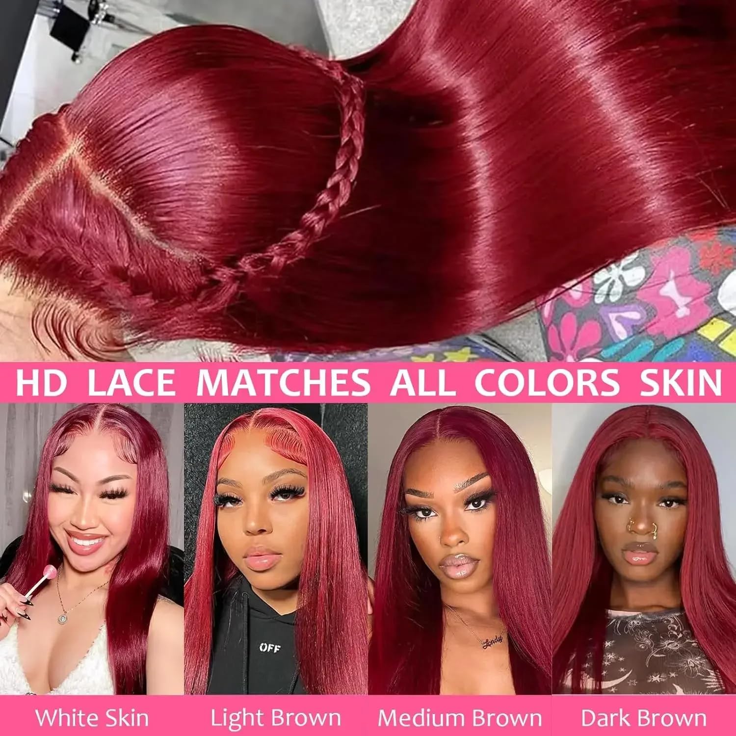Burgundy Wig Human Hair 13x4 HD Transparent Lace Front Wig Straight 99J Red Wine Lace Frontal Wig Blended Hair Colored Reddish Brown Lace Frontal Wigs 200% Density Pre Plucked with Baby Hair