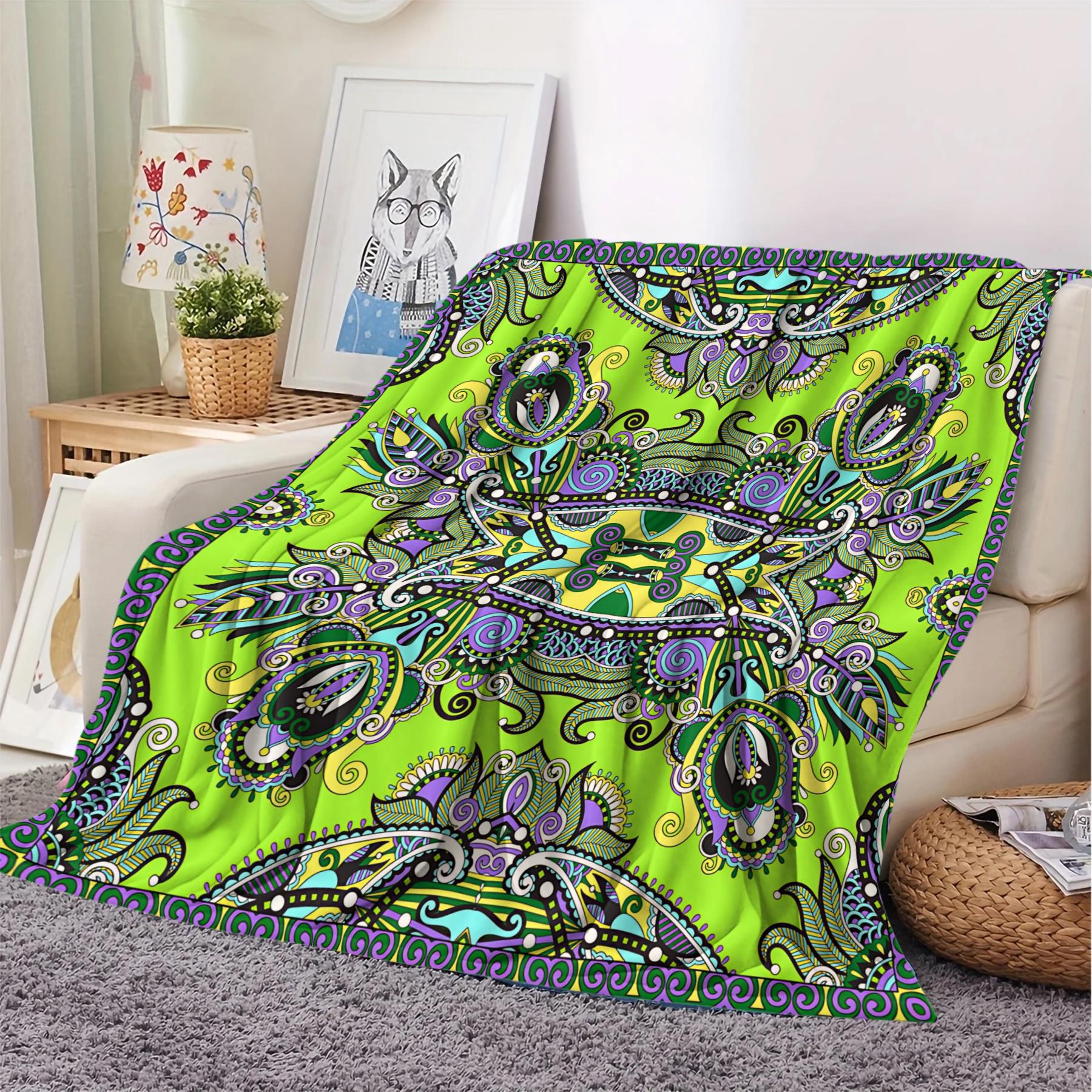 1Pcs Boho Paisley Digital Print Flannel Blanket, Vibrant Ethnic Style Throw Blanket, Ultra-Soft Cozy Warm Blanket, All-Season Decorative Gift Blanket, Perfect for Bedroom, Sofa, Couch, Camping, Travel, Dorm Decor