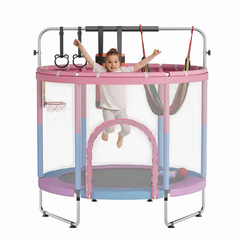 【Christmas Gift】55"/60" Kids Trampoline with Enclosure & Adjustable Gymnastics Bar, 440LBS Heavy Duty Indoor Outdoor Toddler Jumper, Safe Mini Trampoline with Safety Net & Padding, Multi-Functional Play Center Birthday Gift for Boys & Girls #SohoChic