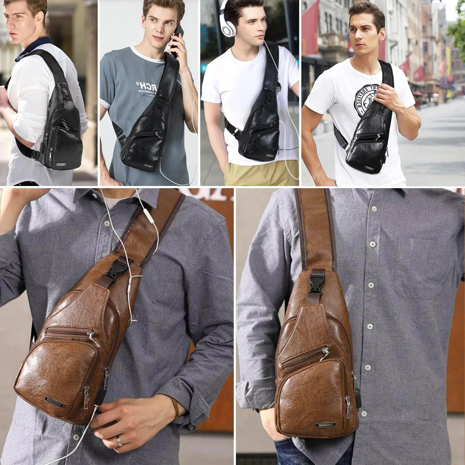 Unisex Adjustable Leather Sling Bag - Crossbody Backpack with Built-in USB Port, Earphone Hole, Multi-Metal Zips, Large Capacity for Biking, Travel, Outdoor Camping (Sports & Outdoor Gym Chest Bag)