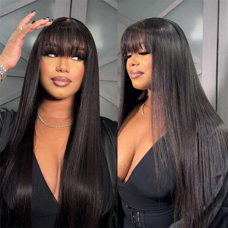 [New Upgrade With Drawstring] CheetahBeauty Glueless Wigs Straight 2×4 Lace Closure Wig Human Hair with Bangs Upgraded Drawstring Loose Body 180% Density Brazilian Virgin Human Hair for Women Natural Black