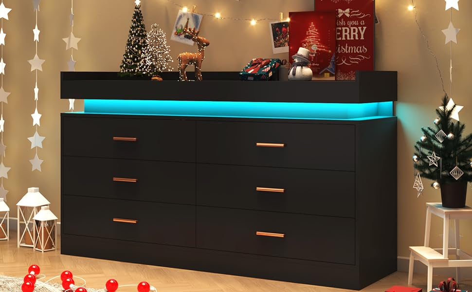 6 Drawer Dresser with LED Light, Modern Chest of Drawers for Closet, Wide Drawer Organizer Cabinet for Bedroom, Living Room, Entryway, Hallway