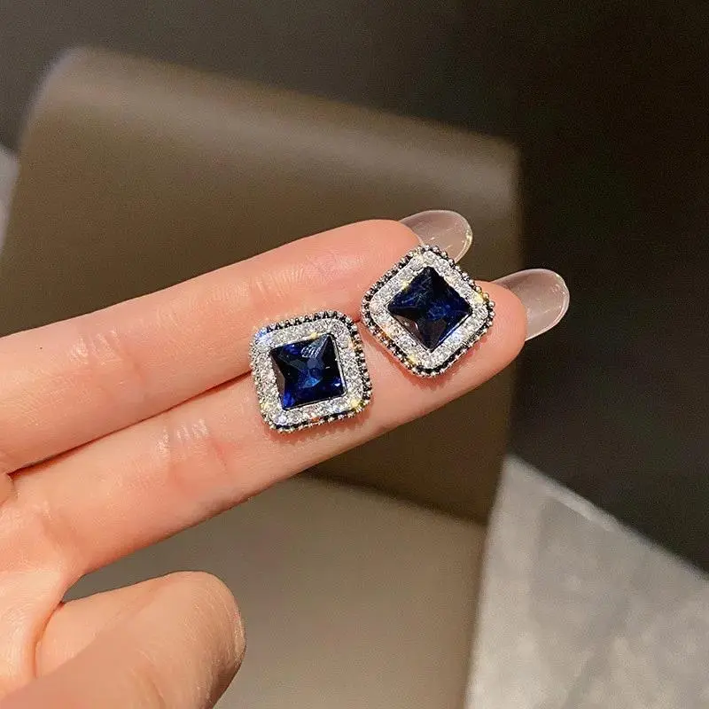 Women's Minimalist Square Frame Blue Gemstone Stud Earrings, Shiny Finish 2023 New Cheap Fashion Costume Jewelry, Party Wear Gifts