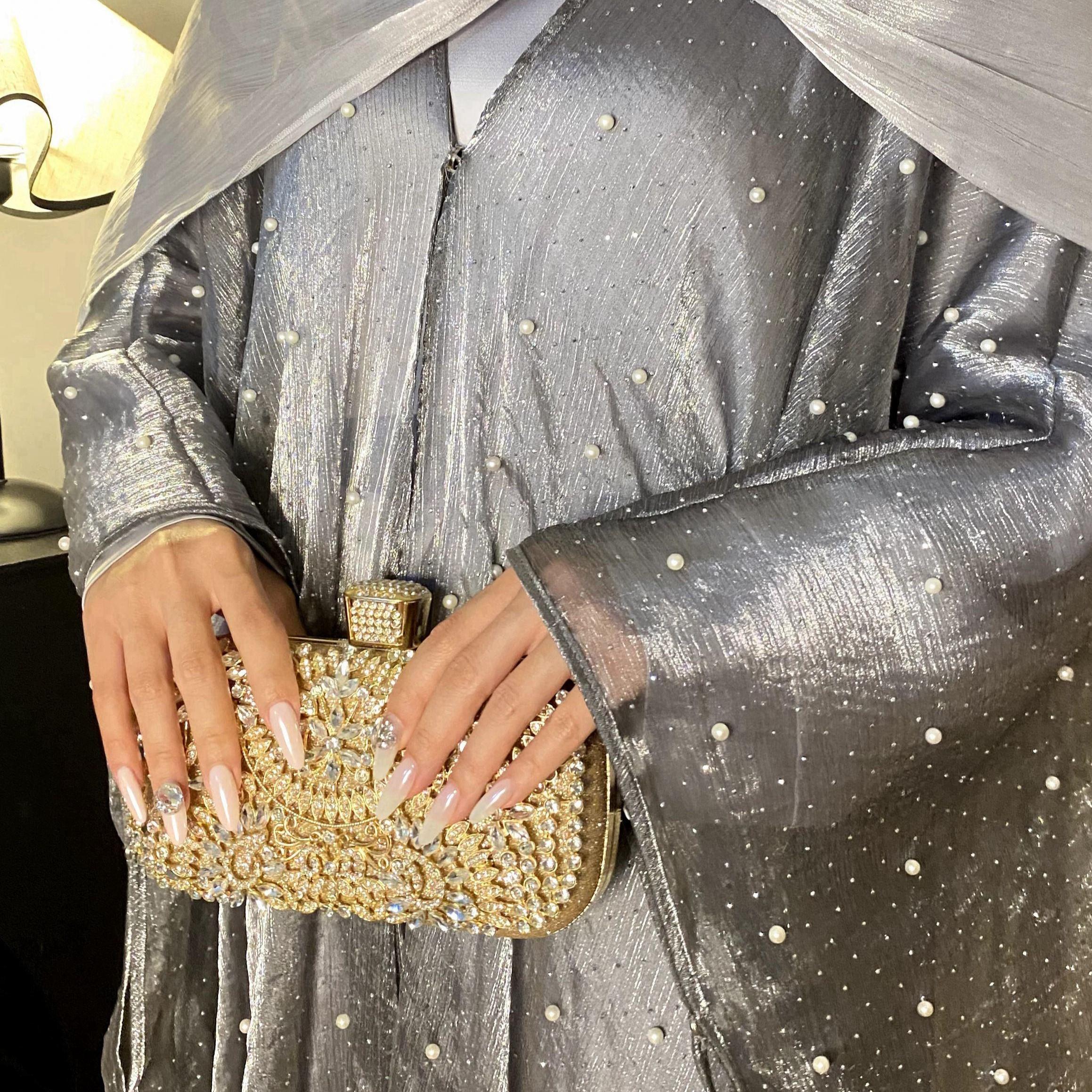 CL01 Starlight sparkling pearl abaya, two piece suit, abaya cardigan, bottoming dress Modest Beige Women Chiffon Chic【Fashionweek】 Modern