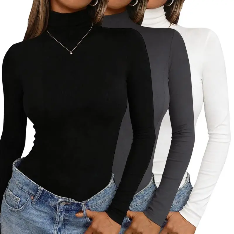 Women's 3PCS Thermal Lining Turtleneck Shirts - Long Sleeve Slim Stretch Casual Style Fabric Base Layer for Cold Season Essentials, Lightweight, Matching, Fit, Crop, Original, Soft, Comfortable
