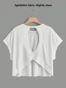 Women's Batwing Sleeve Loose Round Neck Hollow Back Short Sleeve Top, Breathable Sporty Casual Wear, Perfect for Sports and Leisure, Casual Sports Tops