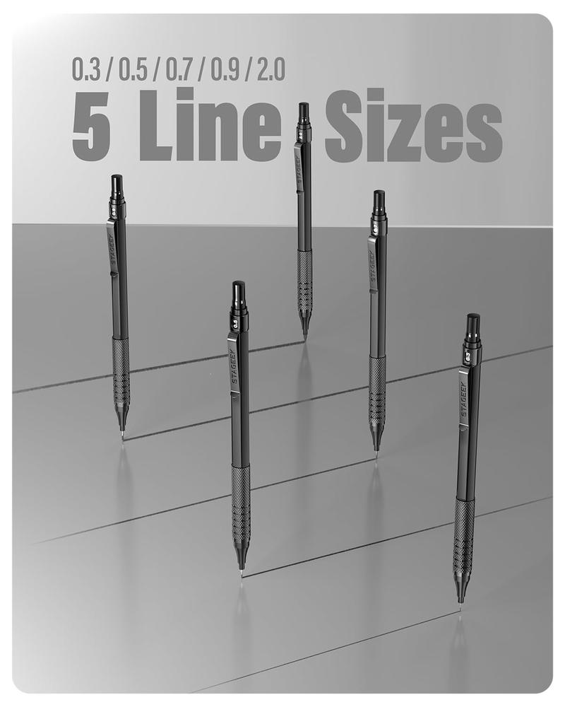 STASGEEK 21PCS Metal Mechanical Pencil Set, Art Lead Pencil 0.3, 0.5, 0.7, 0.9, 2mm Lead Holder(HB 2H 2B 4B Color) with 10 Tubes Graphite Lead Refills Eraser with Case for Drafting Drawing Sketching