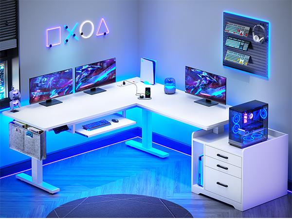 SEDETA 63 Inch Height Adjustable L Shaped Electric Standing Desk Computer Gaming Desk with Led Lights 3 Drawers Power Outlet