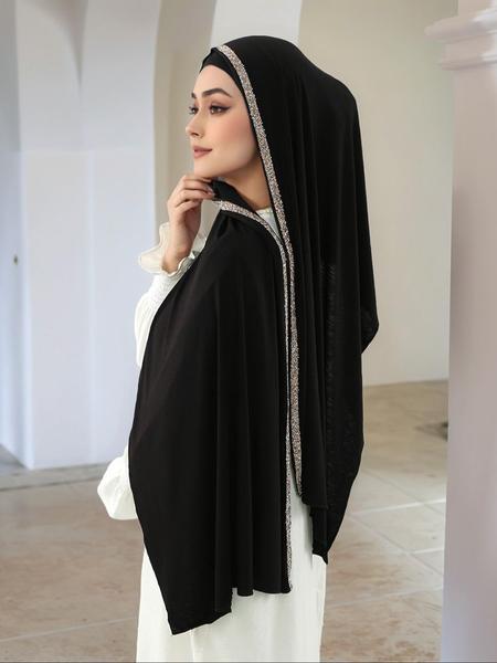Women's Fashion Plain Hijab Scarf with Rhinestones, Soft Muslim Headscarf, Multifunctional Sun Protection Shawl, All Season Wear, Turban Hijab