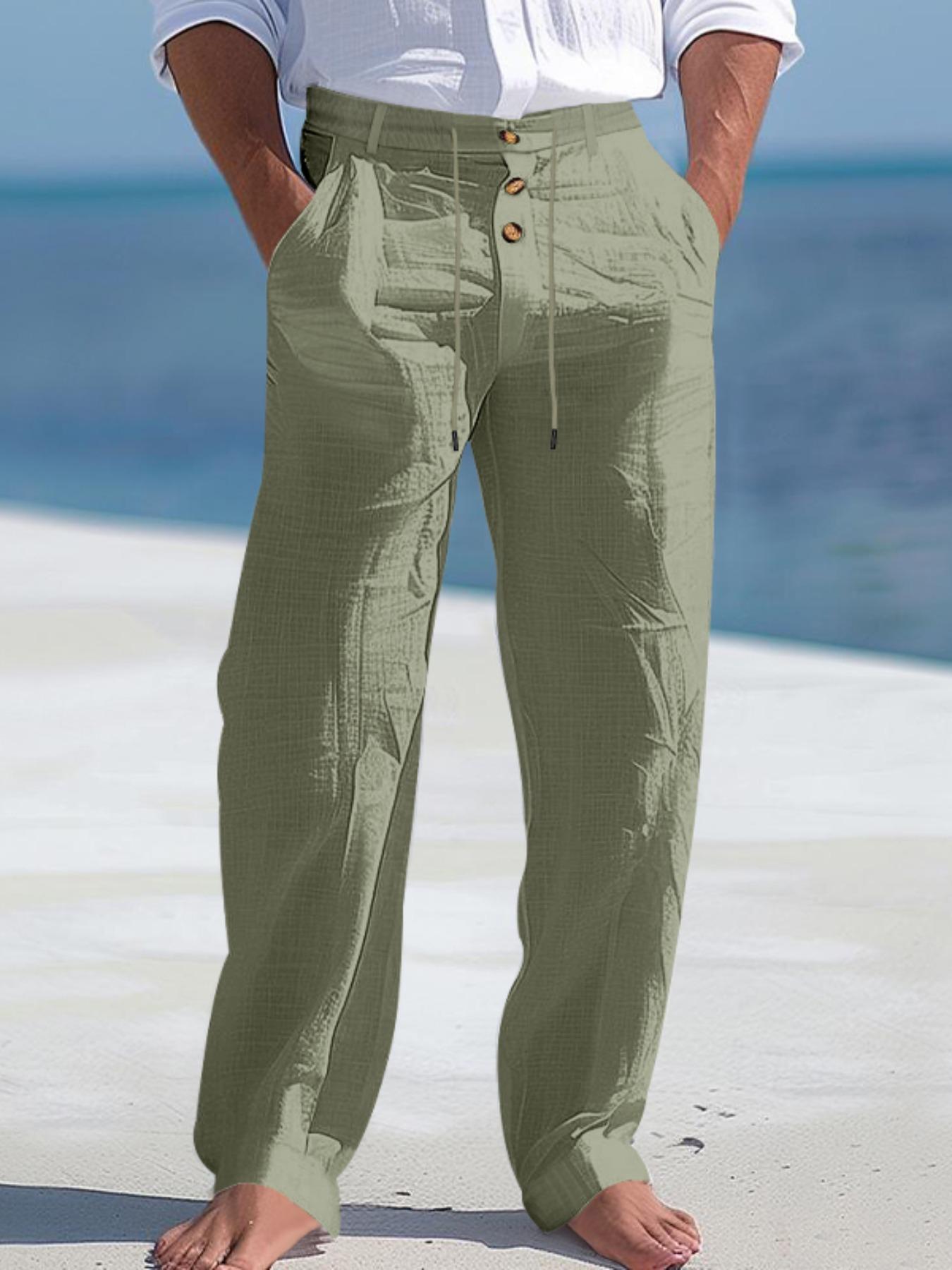 Men's lightweight casual sportswear pants, featuring drawstring and multi-button design, stylish linen woven straight-leg trousers