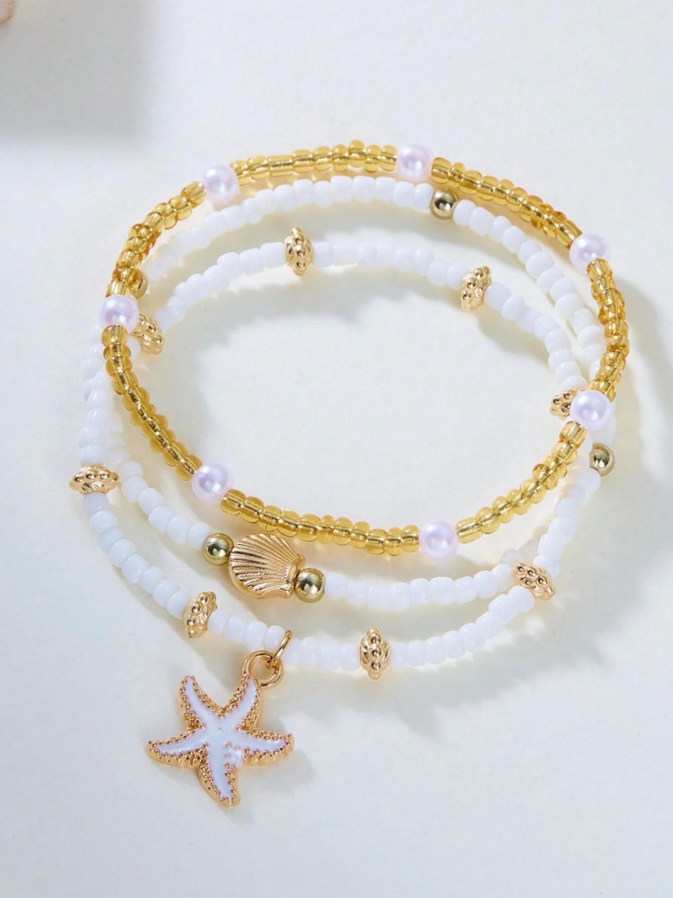 6 Pcs Boho Ocean Style Beaded Imitation Pearl Ccb Metal Star Shell Ankle Bracelet Set, Elastic Fit for Most Ankles, Women's Daily & Festival Wear