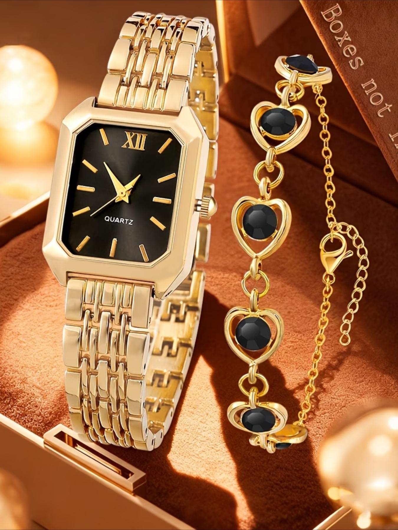 2-piece elegant ladies' watch gift set, fashionable, romantic, luxurious heart bracelet jewelry paired with palace style quartz watch, classic retro rectangular dial, comfortable alloy strap, perfect gift for family and friends