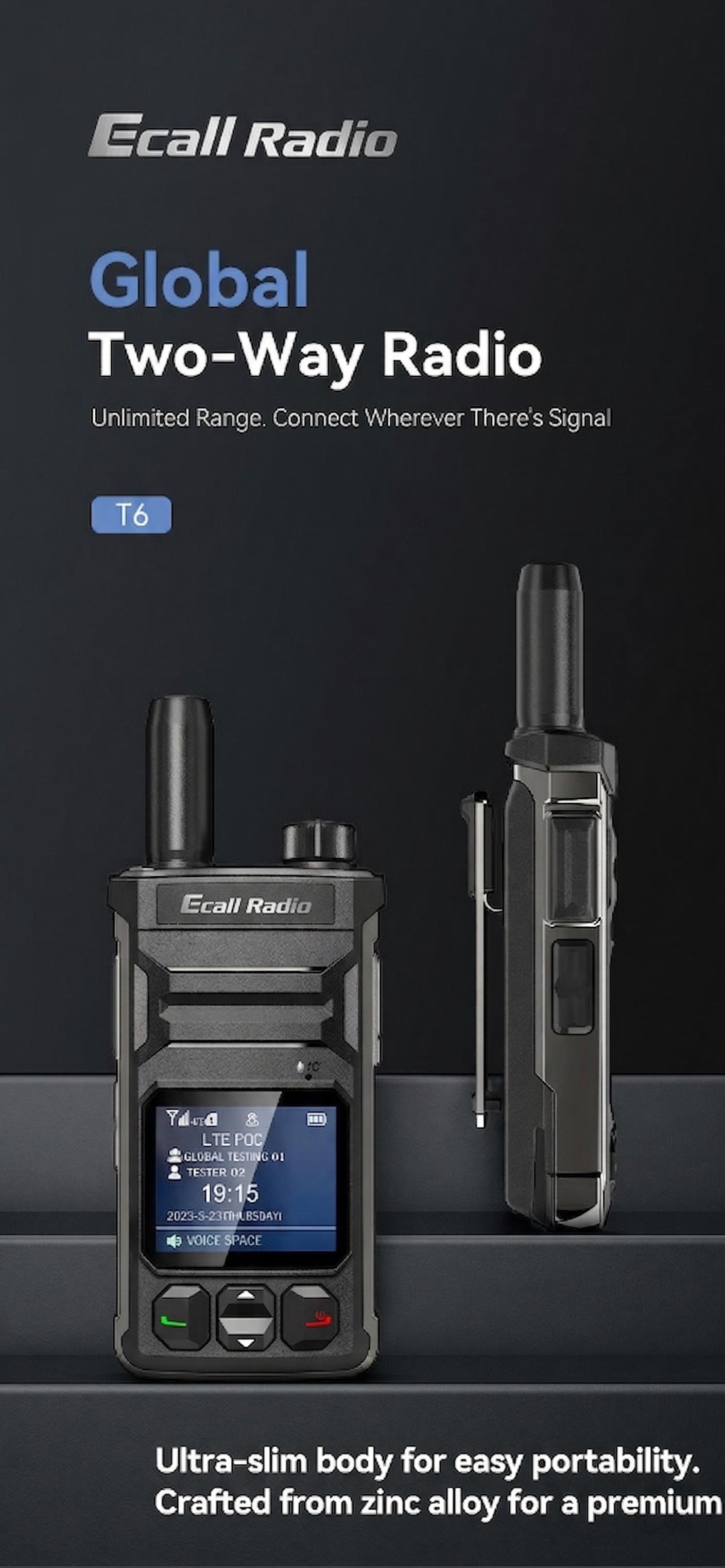 EcallRadio T6 4G LTE PoC Walkie Talkie - Unlimited Range Real-time Communication Device with 2000mAh Long Battery Life. Global Two Way Radio for Security, Fleet, Construction & Outdoor Camping Hiking. Best Handheld Intercom with Type-C Charging