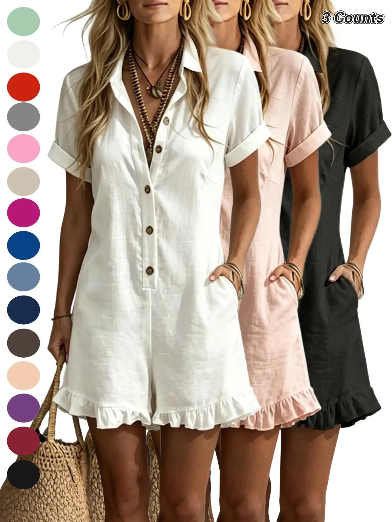 Loose Fit Slimming Breathable Ruffle One-Piece Shorts, Collared Design, Comfortable and Stylish, Perfect for Daily Wear