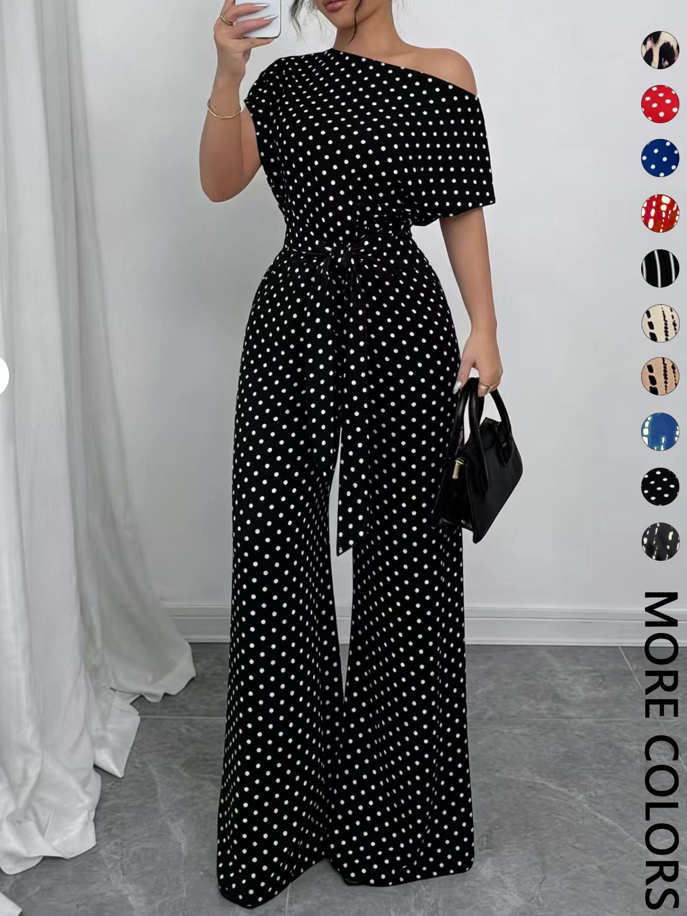 Women's All Over Print Tie Front Jumpsuit, Casual Asymmetrical Neck Jumpsuit for Spring & Fall, Women's Clothes for Daily Wear