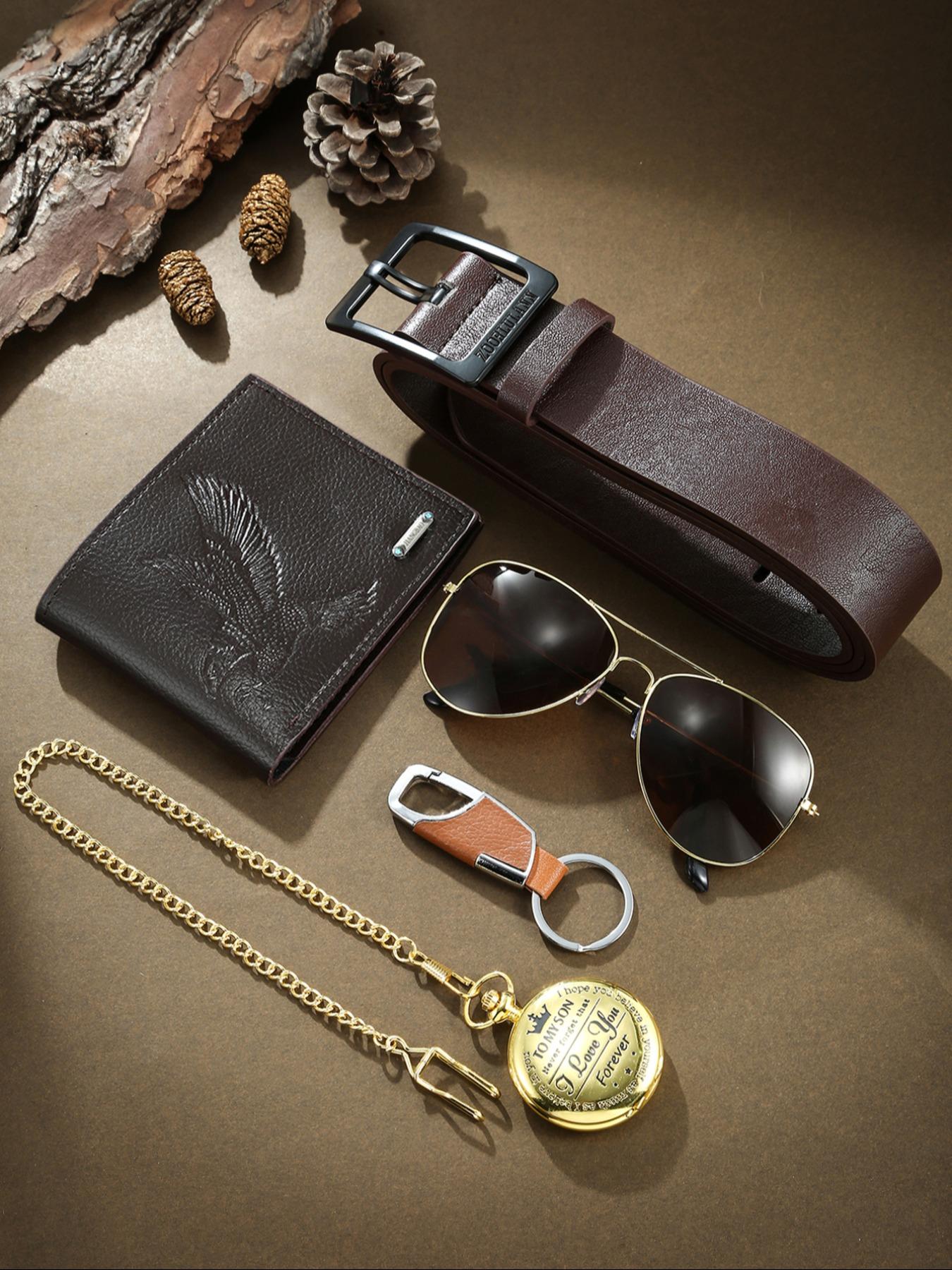 Vintage Fashion Casual Men's Watch Set 5pcs Men Accessories, Includes Sunglasses Wallet Belt Keychain, Perfect Gift for Daily Party Birthday Thanksgiving Father's Day